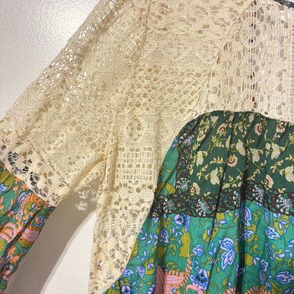 Umgee Womens Crochet Blouse Top Multicolor Large Patchwork Print Boho Tunic NWT - Picture 4 of 7